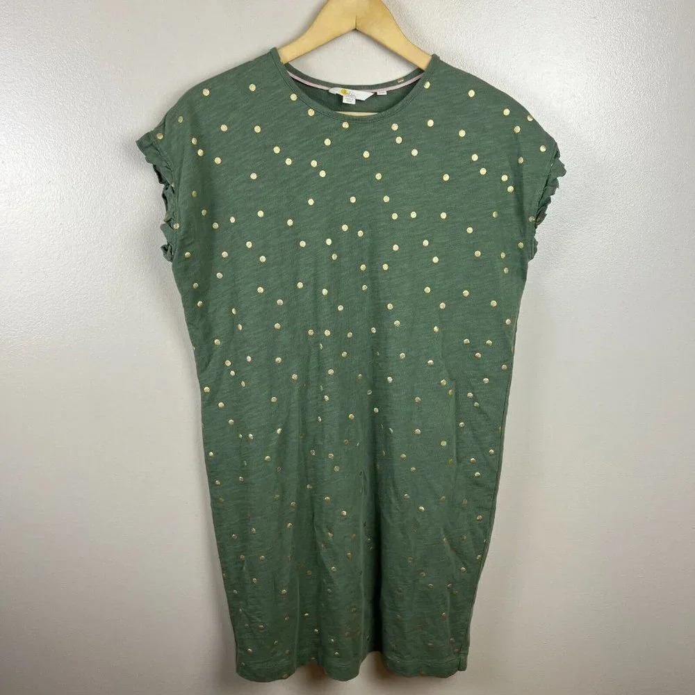 Boden Faye Metallic Polka Dot Dress Size 4 Green Gold Ruffle Sleeves Preppy